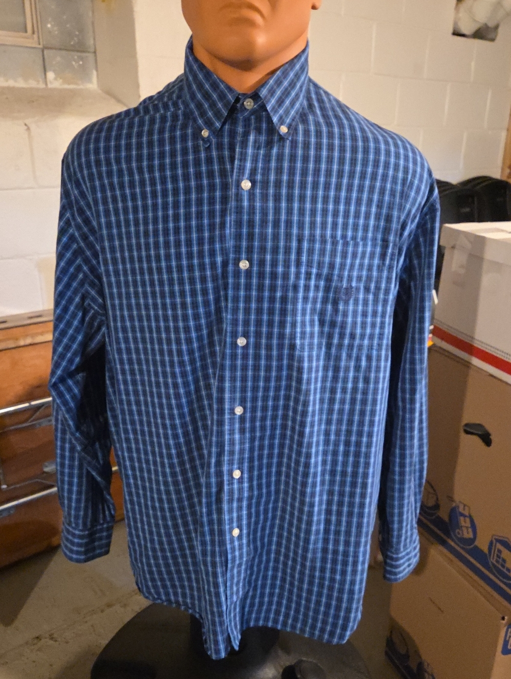 Chaps Men's Navy and Light Blue Plaid Button-Down Shirt